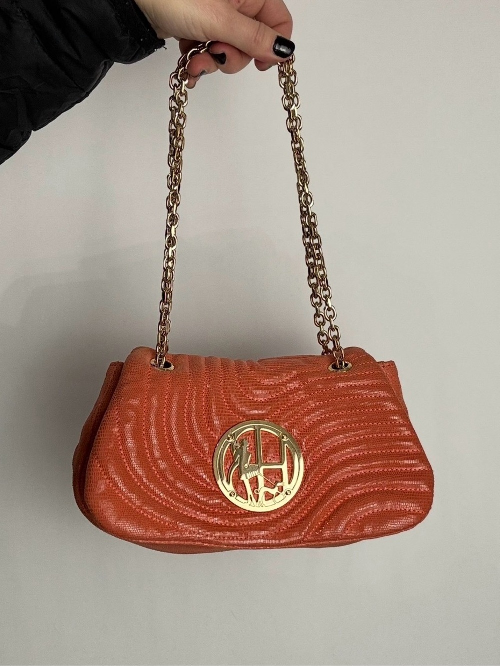 Henri Bendel Orange Quilted Shoulder Bag with Gold Chain and Logo